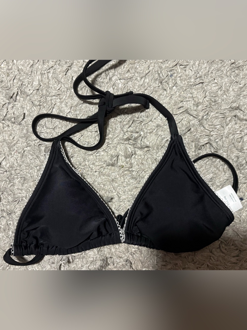 Wild Fable Black Triangle Bikini Top XXS 00 White Crochet Trim Tie Back